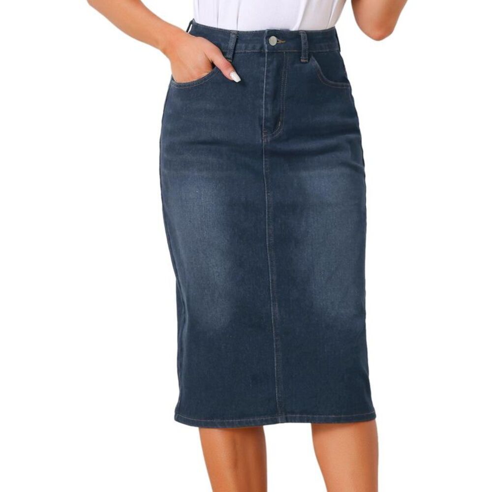 INSPIRE CHIC Women's Casual High Waist Stretchy Midi Jean Skirt Black Blue Large